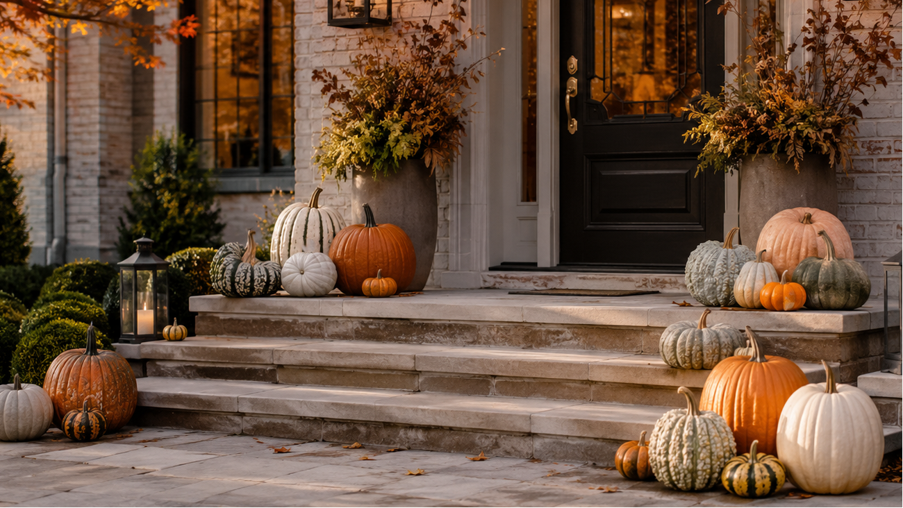 Elegant fall porch display with pumpkins and seasonal décor, professionally installed in Western PA