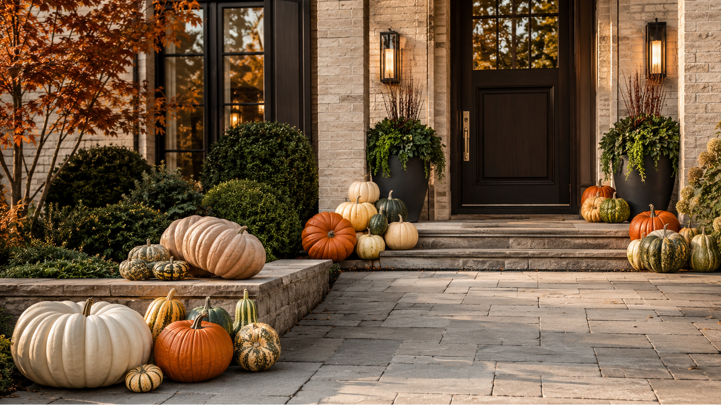 30 curated pumpkins and seasonal gourds styled on a front porch in Western Pennsylvania — Gourd Greetings