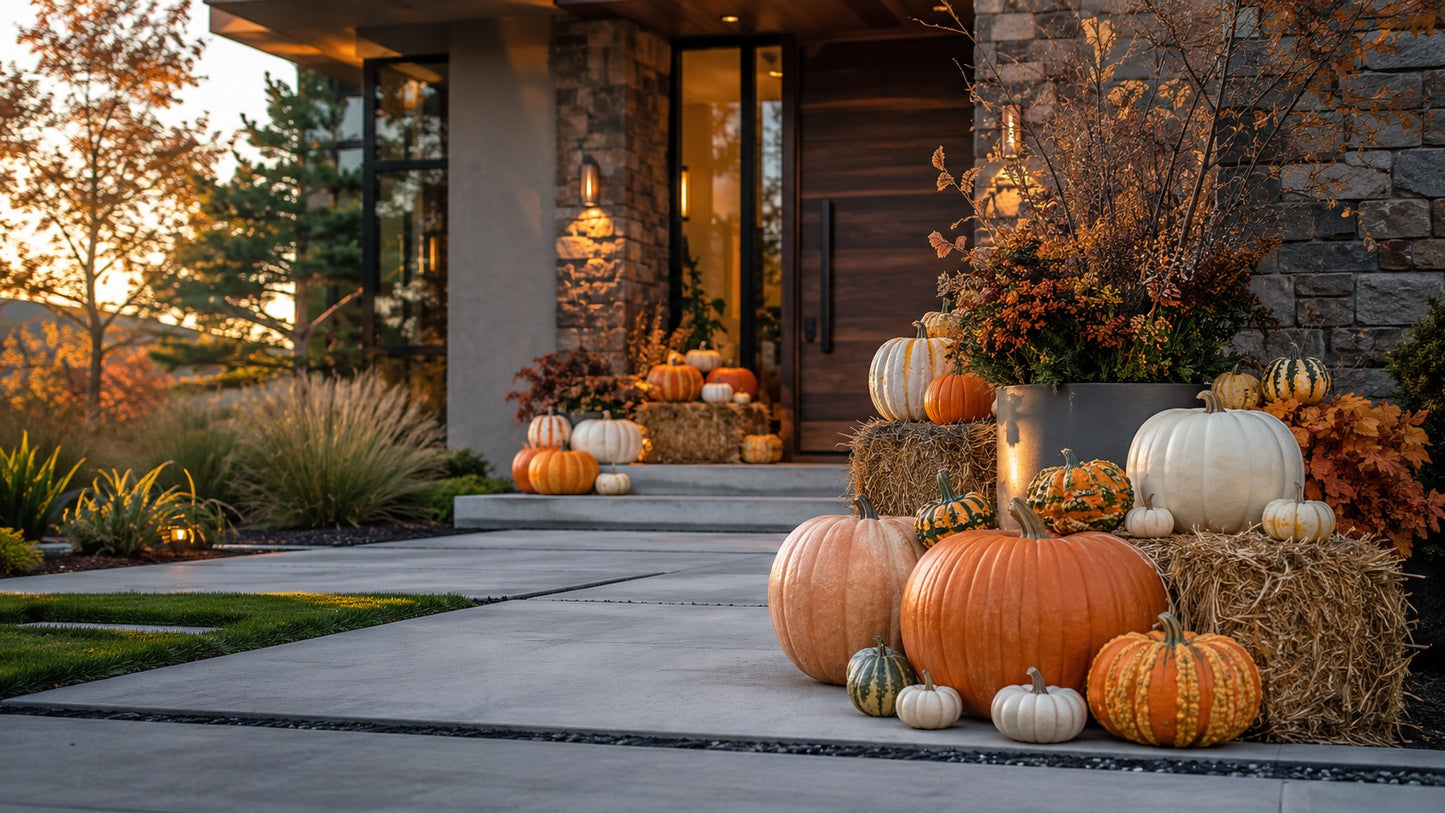 45 artfully arranged pumpkins and gourds installed at a Cranberry Township home — Gourd Greetings fall styling