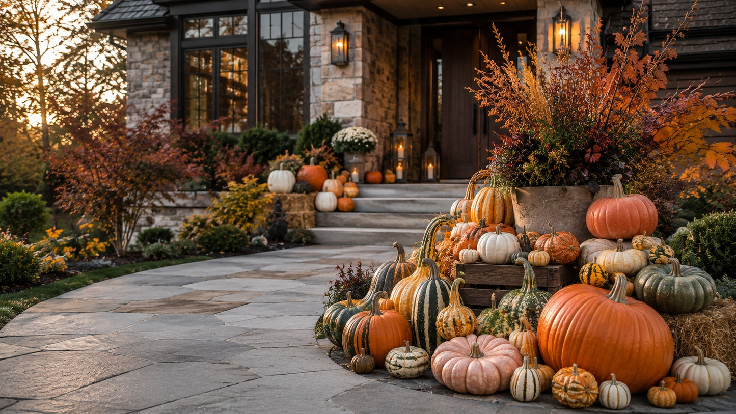 75 curated pumpkins and seasonal gourds professionally installed at a Wexford home — Gourd Greetings