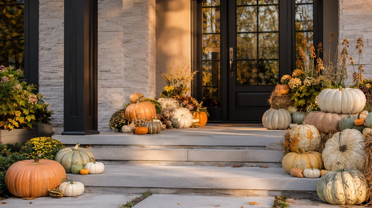 Close-up of harvest gourds and accent pieces arranged at a home entryway — Gourd Greetings autumn installation