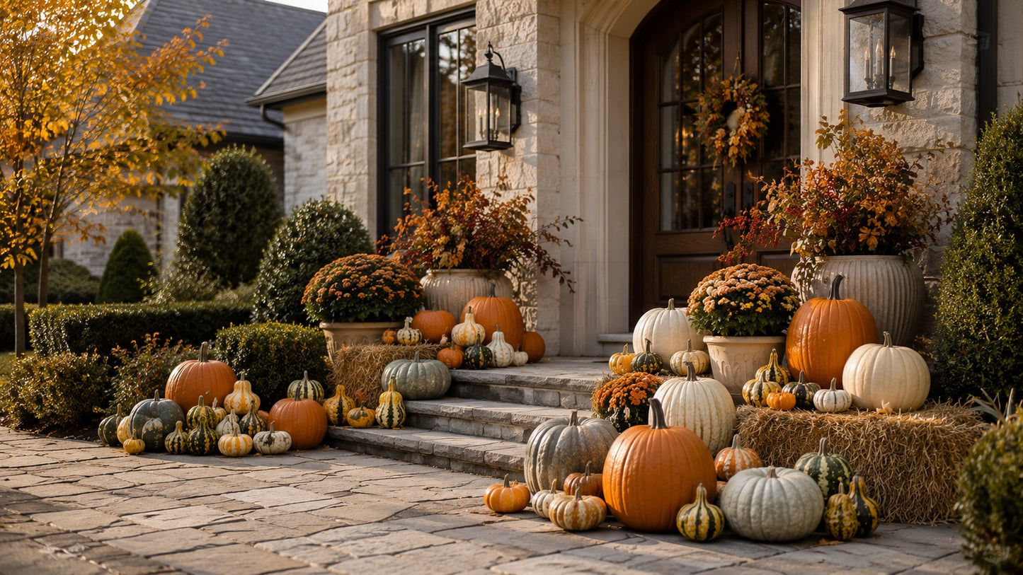 Grand autumn porch installation with oversized pumpkins and seasonal greenery at a Western PA estate