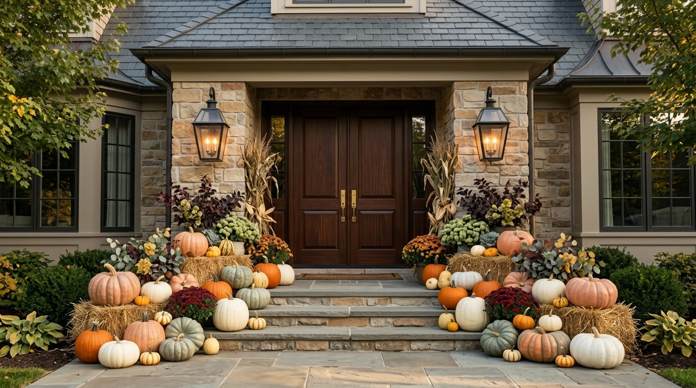 Editorial fall entryway styling with 85 curated pieces, professionally delivered and installed by Gourd Greetings