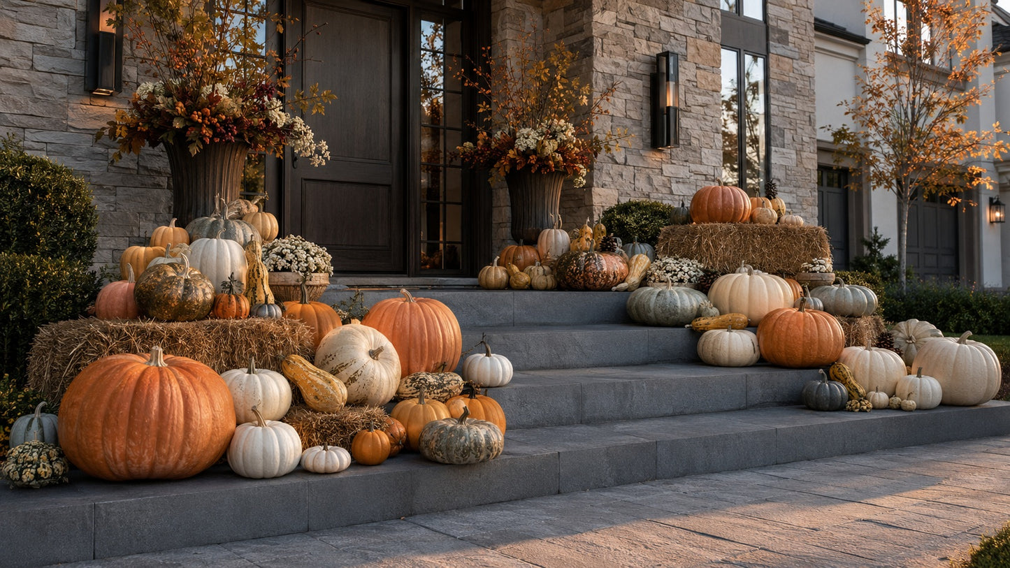 85 curated pumpkins, gourds, and harvest accents installed at a Pittsburgh estate — Gourd Greetings luxury fall décor